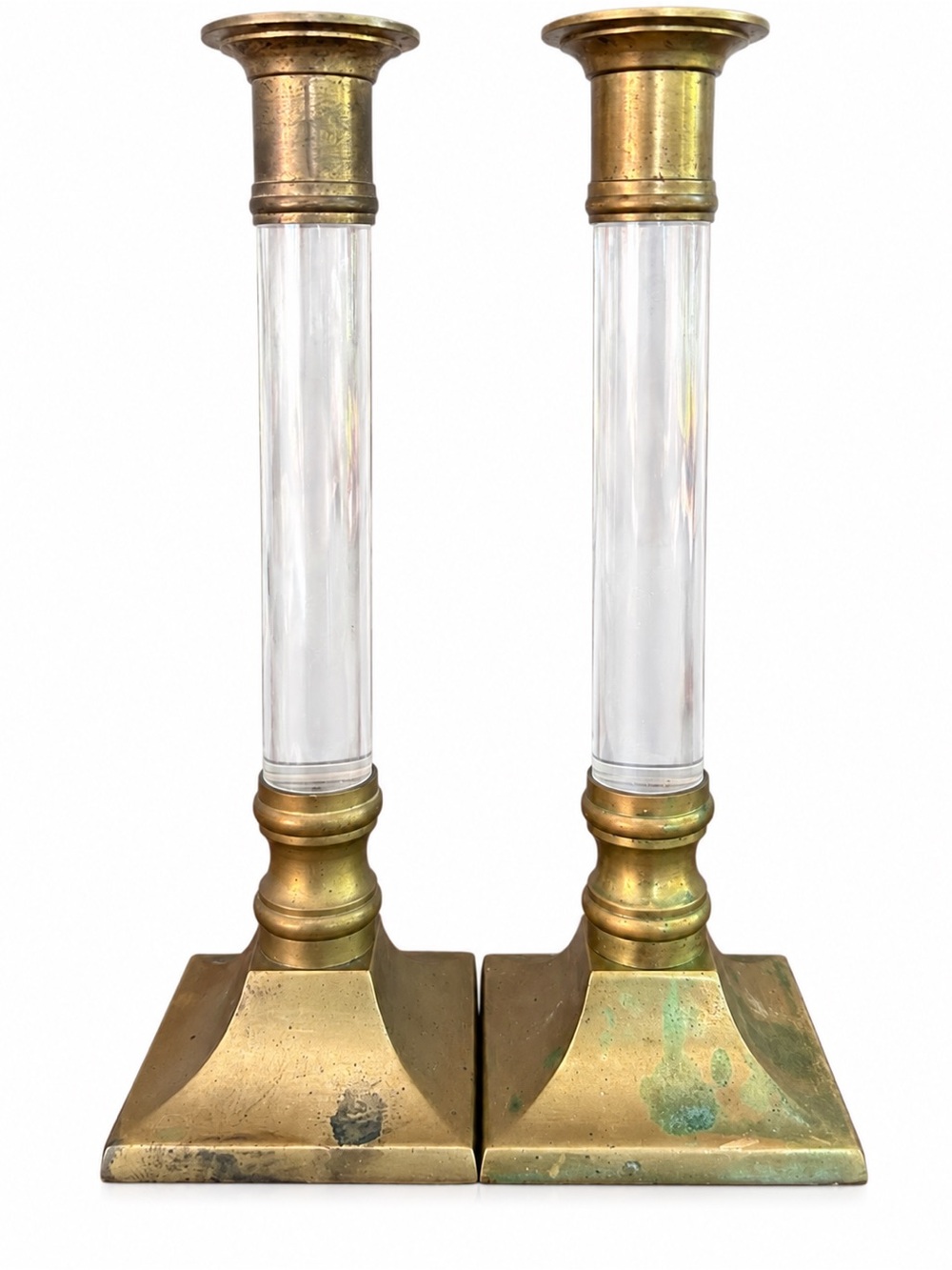 Vintage Brass Lucite Candlesticks Pair MCM Made in Hong Kong 9”